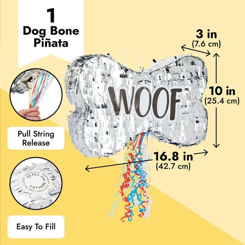 Pull String Dog Bone Pinata for Puppy Birthday Party Decorations, Silver Foil... - Picture 3 of 8