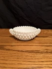 Vintage Old Fenton White Milk Glass Hobnail Oval But Dish With Handles