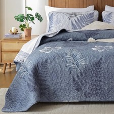 Blue Quilts Set King Size - Botanical Bedspread Bedding Set Floral Leaf Patte...