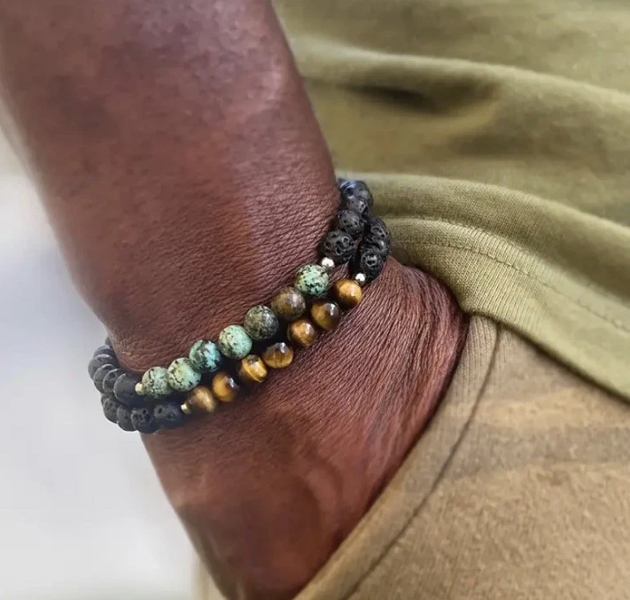 ✅Armband 2er Set Tigerauge Lavastein Afrika. Grün Edelstein Perlen Naturstein ✅ - Bild 3 von 4
