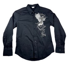 VTG Bizzo Men's Black Rhinestone Graphic Button down Shirt Made in USA Size XL*