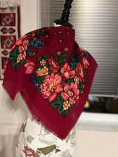 Ukraine Shawl Scarf Red With Floral Print From 90-s Not Used