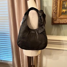 NWT Furla Zama Coffee Brown Leather Knotted Bow Hobo Style Shoulder Bag