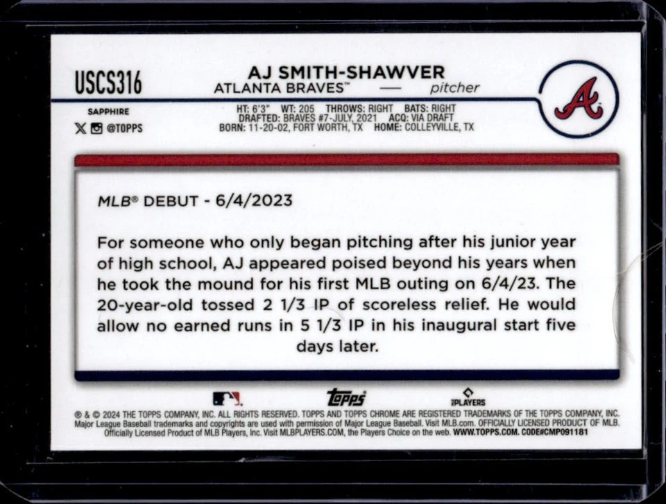 2024 Topps Chrome Update Sapphire AJ Smith-Shawver RC Gold Refractor #49/50 - Image 2 of 2