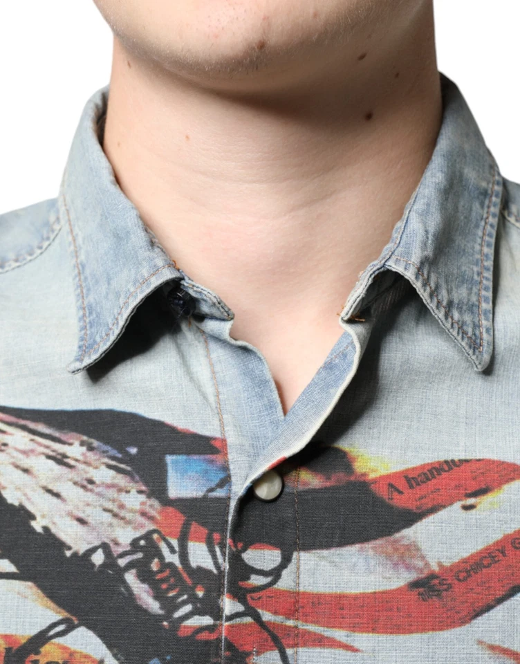 Camisa GALLIANO Azul Claro Estampado Algodón Denim Mangas Largas 38/US15/XS 400usd Foto 4 de 4