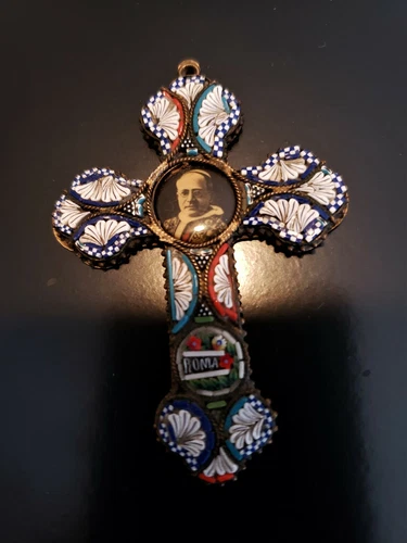 Vintage Italian Glass Micro-Mosaic Cross Pendant with Pope, Crucifix Millefiori