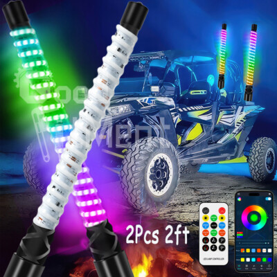 Pair 2ft RGB COB LED Whip Light Antenna w/Flag Remote For Polaris RZR UTV ATV X3