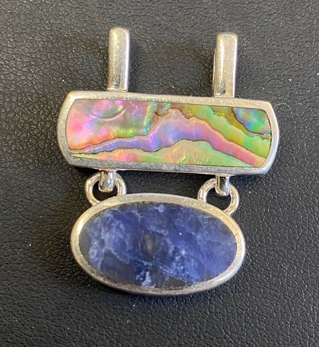Vintage Abalone & Azurite Sterling Silver 32mm x 27mm Pendant with 4mm Bale