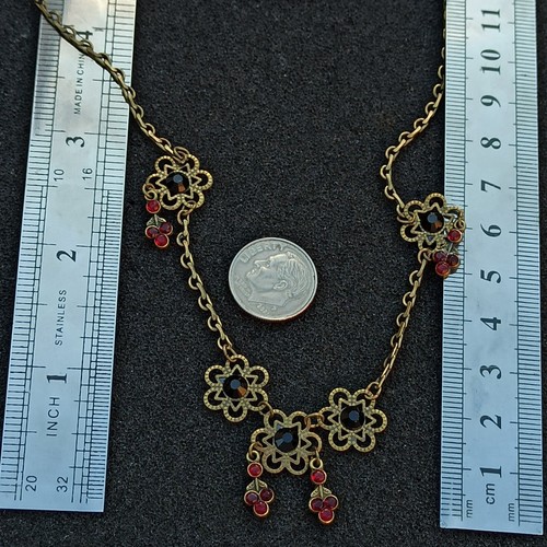Michal Negrin Necklace Dainty Filigree Deep Red Black Flower Crystals New Gift - Picture 2 of 11