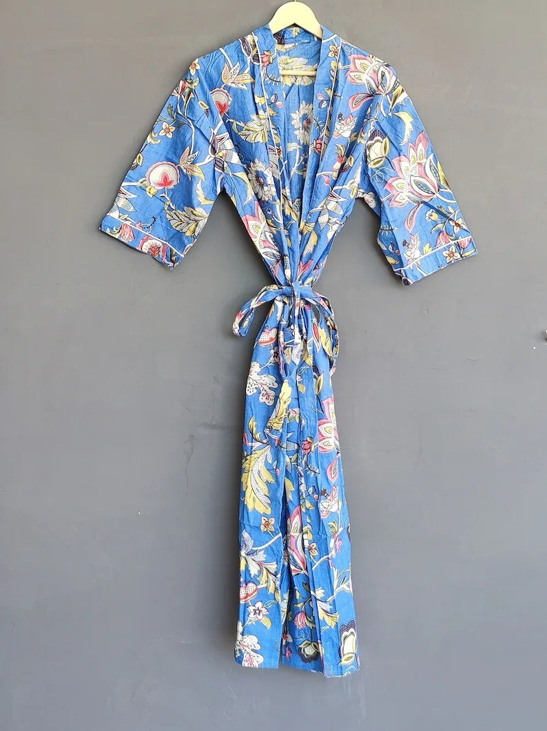Kimono Lungo In Cotone Blu Stampa Floreale – Fatto A Mano In India – Veste Da Notte O Pigiama