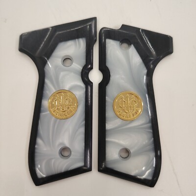 Beretta 92 fs Grips,Gold Metal Medallion,White Pearl,Black wood,Fits 92 Series