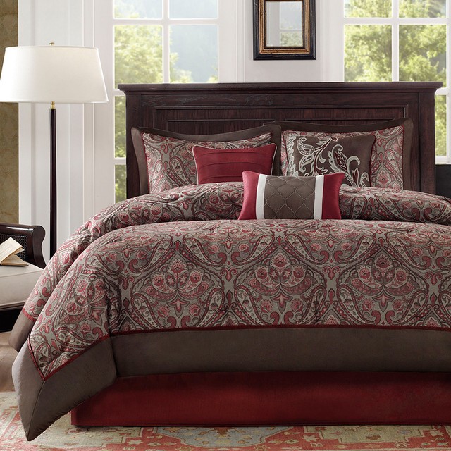Beautiful Modern Elegant Burgundy Deep Red Brown White Grey Scroll Comforter Set For Sale Online