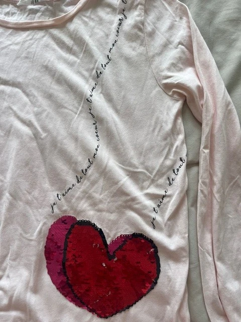 H&M Pink Sequined Heart Long Sleeved Top Size Girl's 8-10 Y Crew Neck - Image 3 of 4