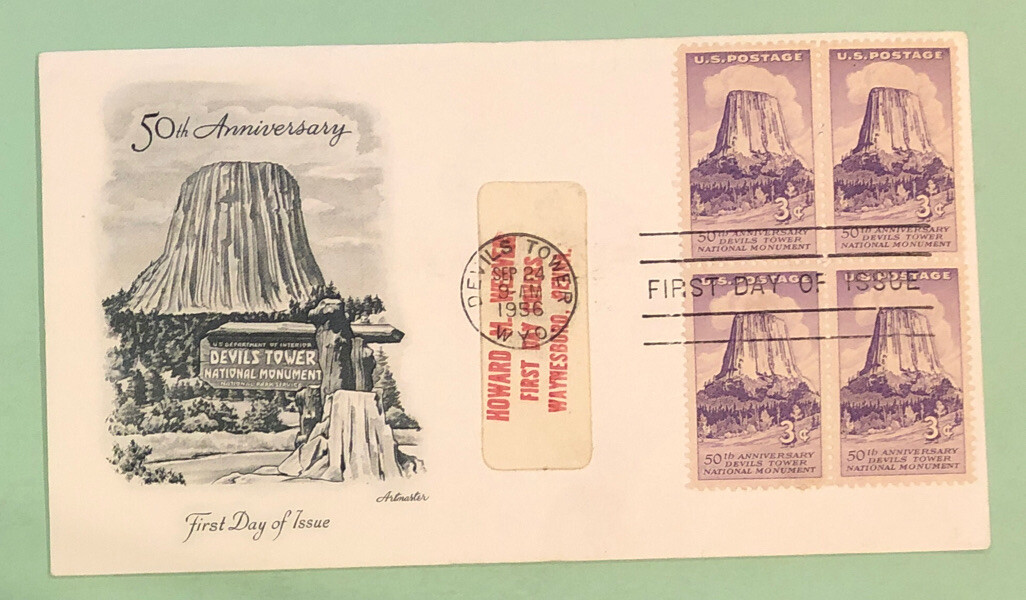 Sc 1084 3c 1956 50th Anniversary Devil's Tower Block/4 FDC Sc 1084 3c 1956 50th Anniversary Devil's Tower Block/4 FDC