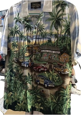 Vintage 1990 s Hawaiian  Reserve  Camp Shirt Lg Surf Boards Palm Trees .