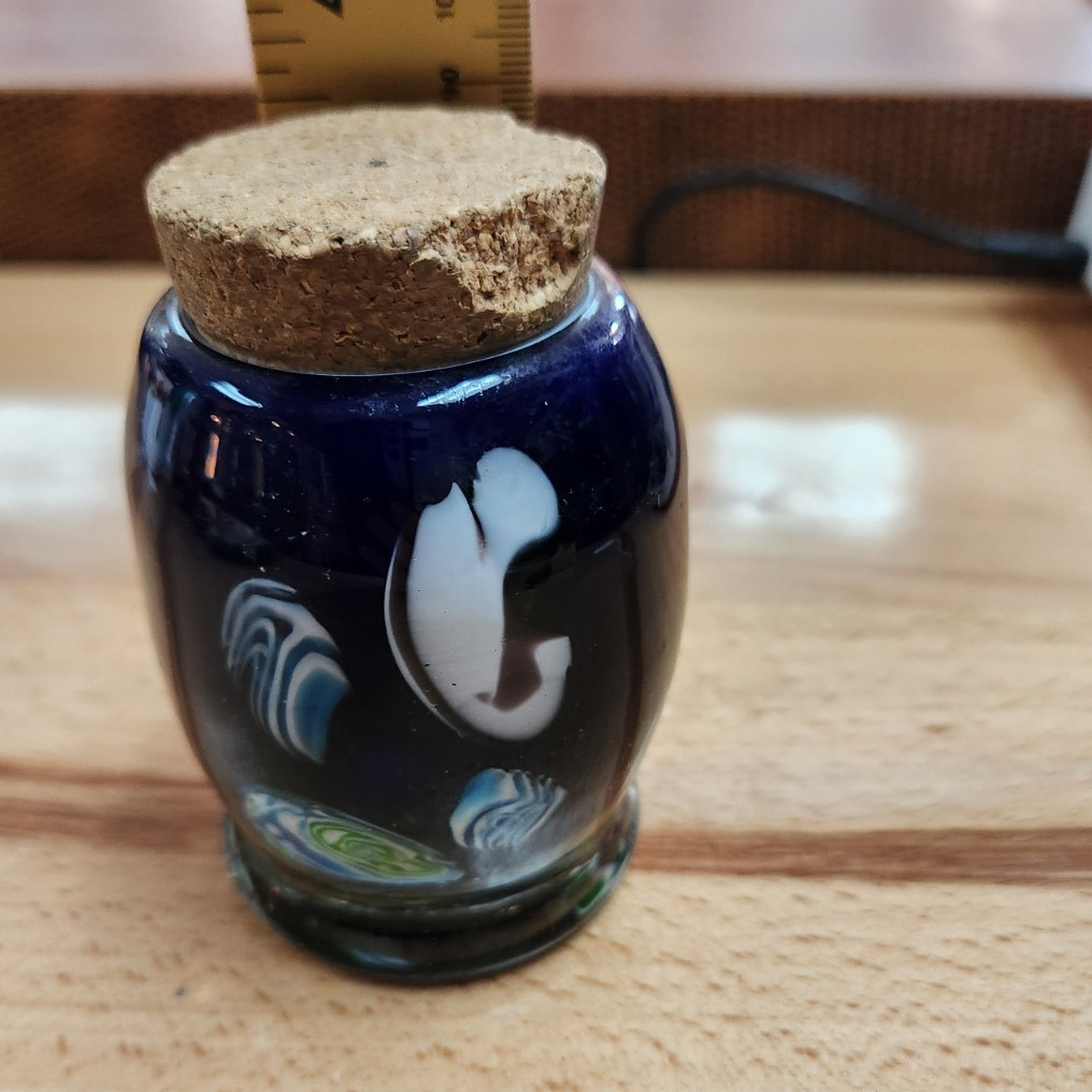 Small Multicolor Abstract Glass Jar with Cork Lid, Cylinder Shape, 3.5 in