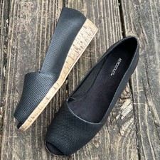 Aerosoles Sprig Break Womens 9.5 Black Leather Peep Toe Wedge Slip On Shoes
