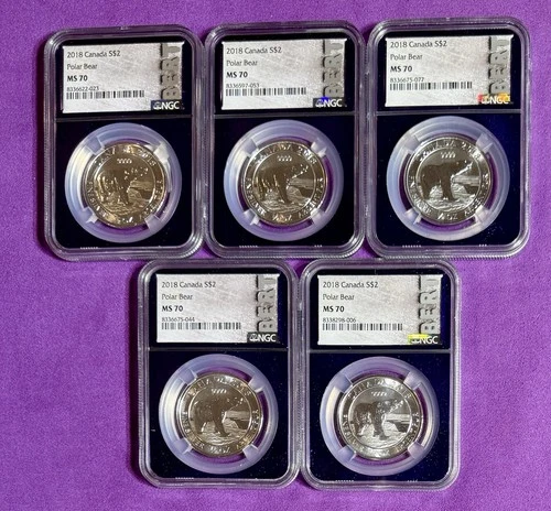 LOT of 5 - 2018 CANADA .999 Silver 2 Dollar NGC MS70 Polar Bear S$2 TraderBea 🔥