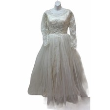 Vintage 1950s Victorian Tulle Lace Wedding Dress French Buttons Fit 6-8