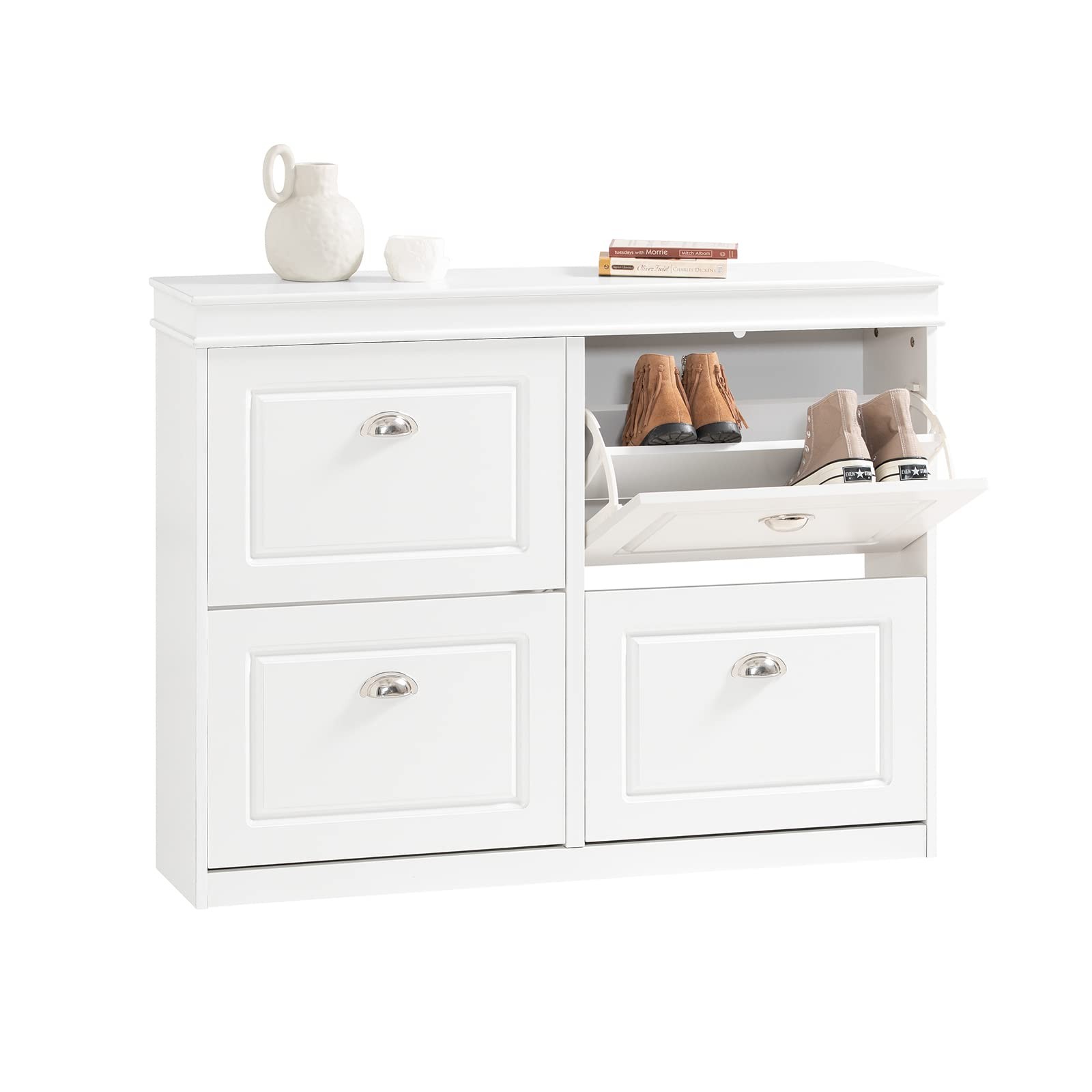 White Shoe Cabinet with 4 Flip Drawers - Modern Freestanding Shoe Rack Storage