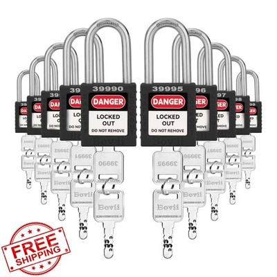 Boviisky Lockout Tagout Locks, 10 Black Padlocks, Keyed Different