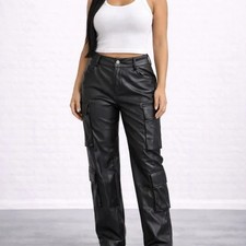 Faux leather cargo pants straight leg pocket cargo pants sleek leather cargo