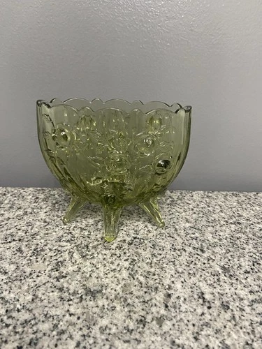 Vintage FENTON Green Oval 4 Footed Colonial Cabbage Rose Glass Vase Cottagecore