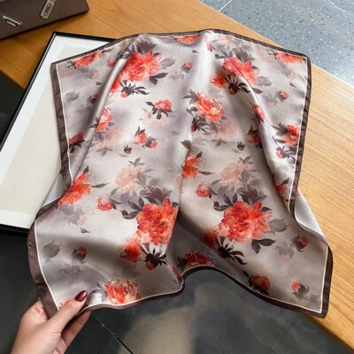 100% Silk 21'' Square Scarf Women Neckerchief Kerchief Bandana Brown Red Flowers