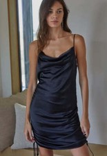 Side Tie Ruched Satin Dress - Black