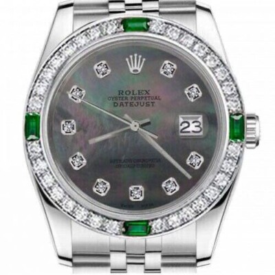 36 mm Rolex Datejust Black Pearl Diamond Dial Emerald & Diamond Bezel