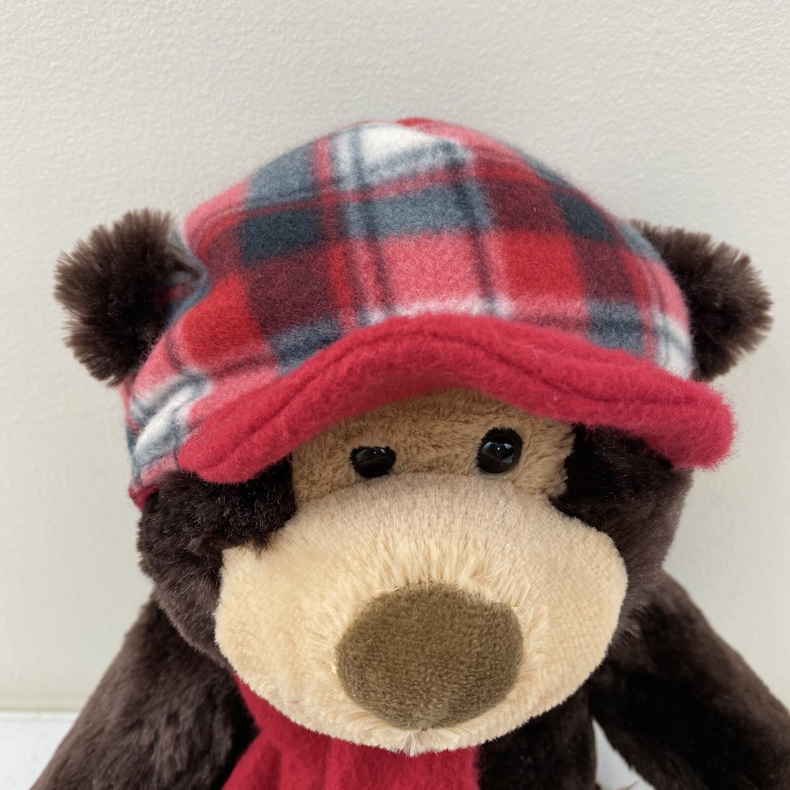 Hugfun International Brown Plush Teddy Bear Red Scarf, Snowflake, Plaid Hat