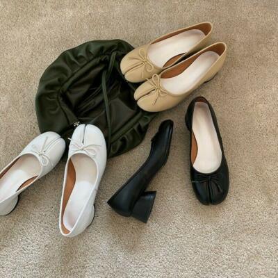 Women's Fashion Leather Bowtie Tabi Split Toe Mid Heel Ballet Court Shoes FLO