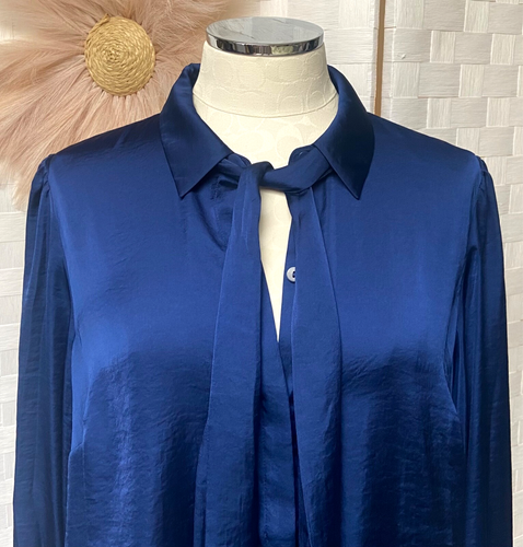 NWT Dennis Basso Satin Button Up Blouse Deep Sapphire Blue Bow Tie Size M FXT - Picture 7 of 18