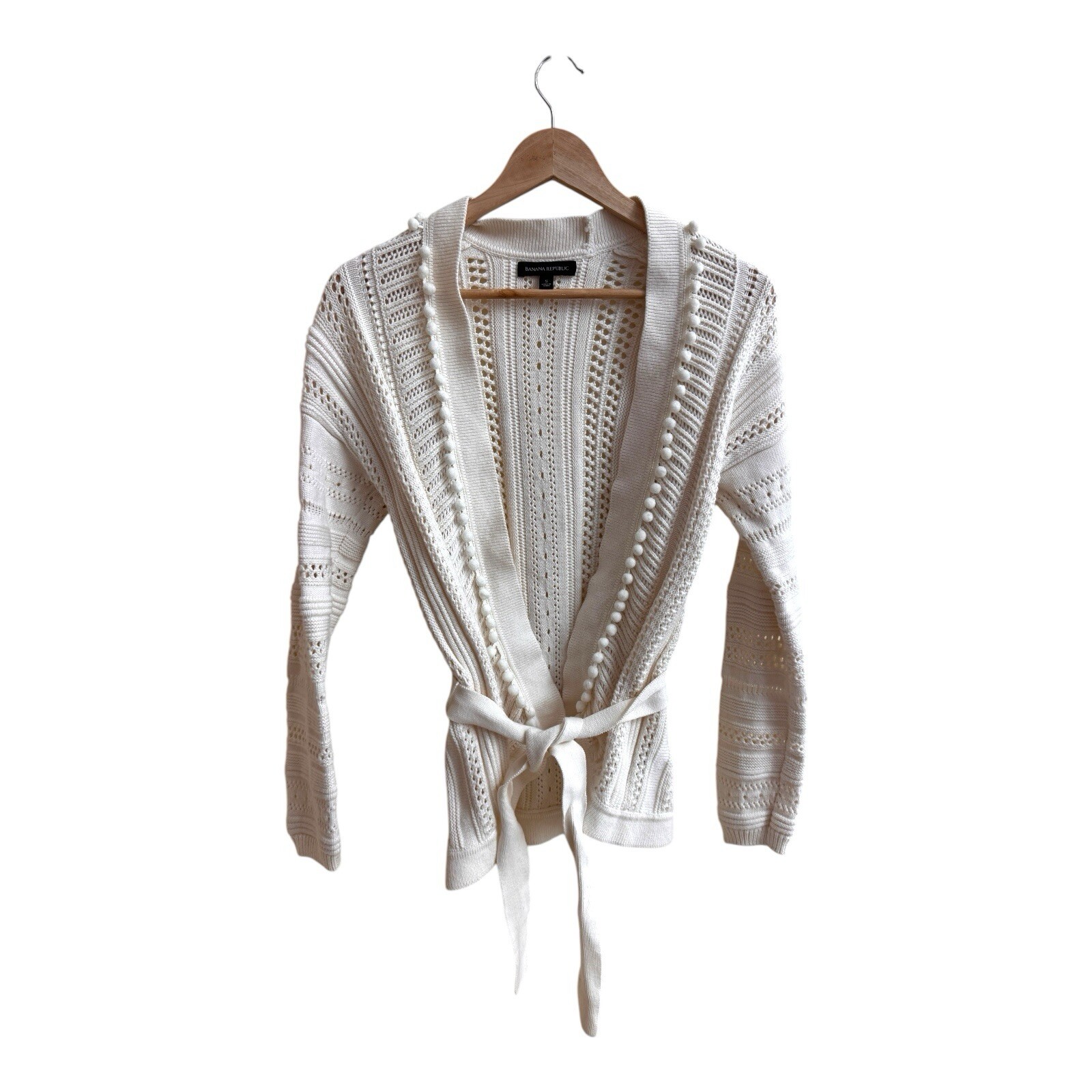 Banana Republic White Knit Pom Pom Fringe Belted Cardigan in Size S  