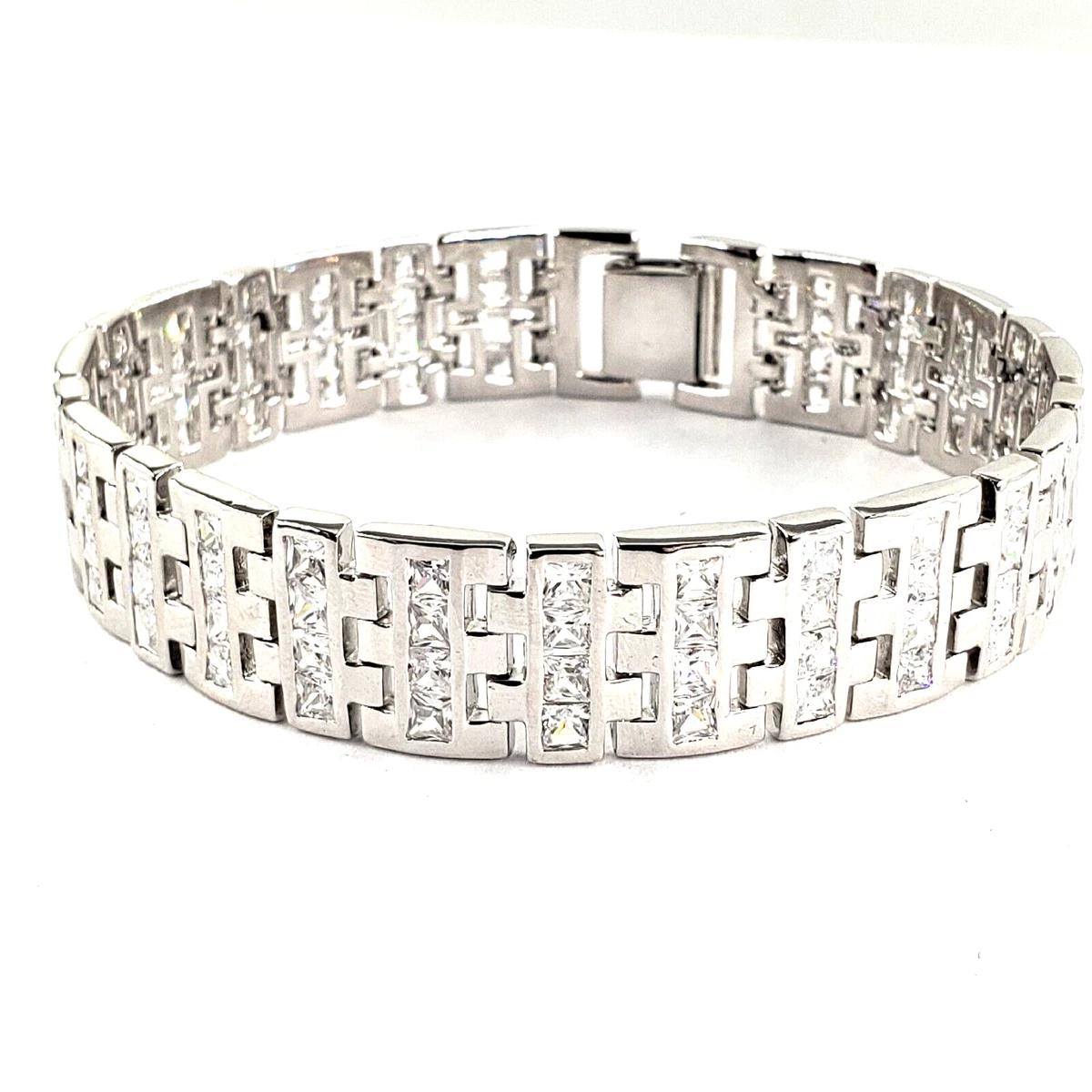 Sterling Silver Bracelet 8.5 Inch Mens 15MM CZ Hip Hop Rapper Link Bling Iced