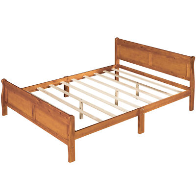 Queen Size Wood Platform Bed with Headboard and Wooden Slat Support Oak
