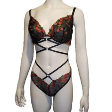 Victoria's Secret Cherry Embroidery Unlined Low-Cut Teddy XL Bodysuit Black Red