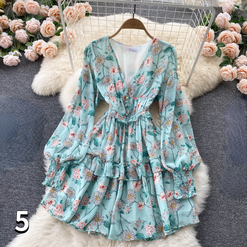 Women Floral Chiffon Puff Sleeve Dress Ruffled Layered V-neck Casual Summer  Chic | eBay
