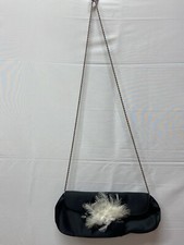 Franchi Evening Bag Black Satin, Silver Chain.20" Feathers In Center