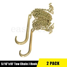 G70 5/16''x10' Transport Tow Chain J Hook Long Shank w/ R T J&Grab Hook 2PCS
