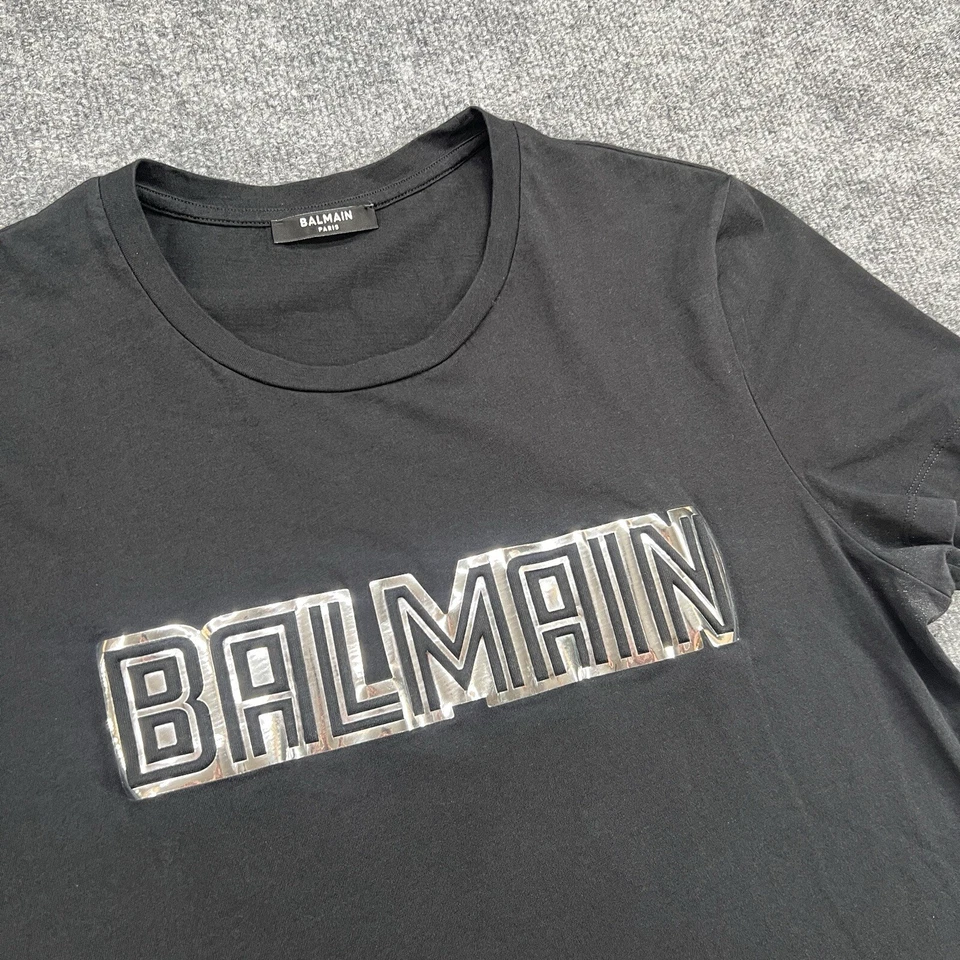 Balmain T-shirt Men's Medium Silver Reflective Logo Black - Image 2 of 4
