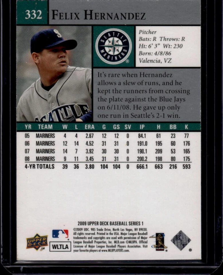Tarjeta de béisbol 2009 Upper Deck Gold #332 Felix Hernández 72/99 Seattle Mariners Foto 2 de 2