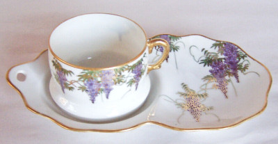 RARE Soko ''WISTERIA'' MATED SNACK DISH & TEA CUP Hand Painted, Japan, TINY CHIP B