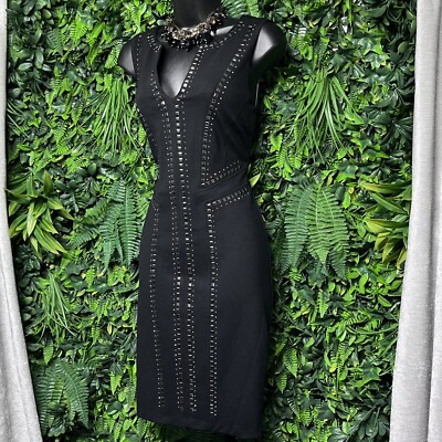 CACHE Dress Women Medium Black Studded V Neckline Embellished Cocktail 2791
