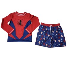 Spiderman Boy's 2 Piece UPF 50 Long Sleeve Rash Guard and Swim Trunk Set