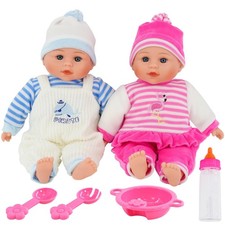 Twin Set 13” Baby Doll Girl & Boy & Sounds Feeding Set & Magic Bottle BiBi Doll