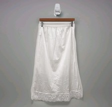 MMI Vintage White Satin Nylon Lace Trim Knee-length Slip Skirt Sz L USA Elastic