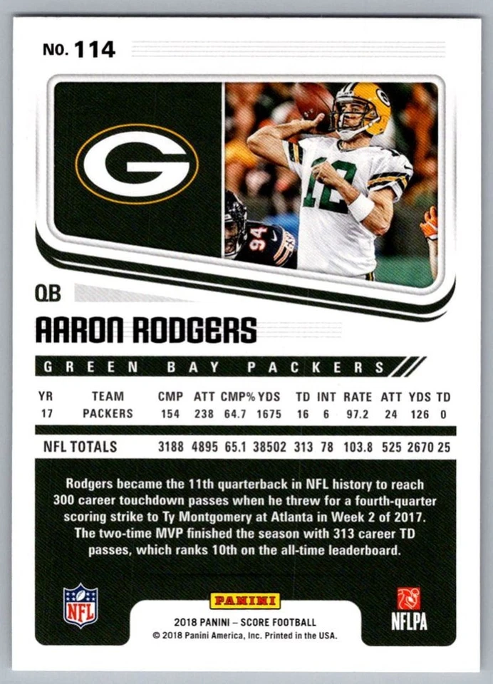 2018 Score Aaron Rodgers Green Bay Packers #114 - Image 2 of 2