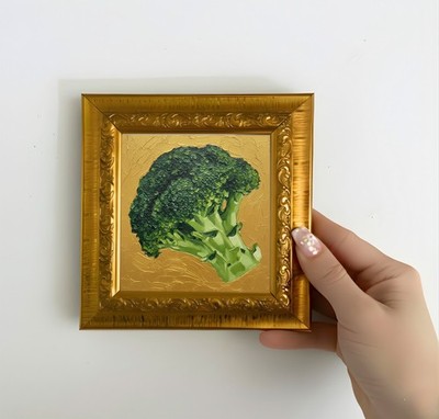 Brocolli Painting on Gold Framed Hand Painted Stiil Life  Art 5x5