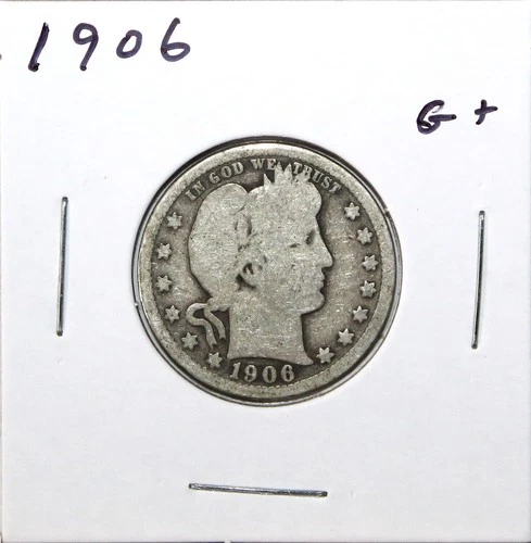 1906 US Barber 90% Silver Quarter 25c G Good Free Shipping